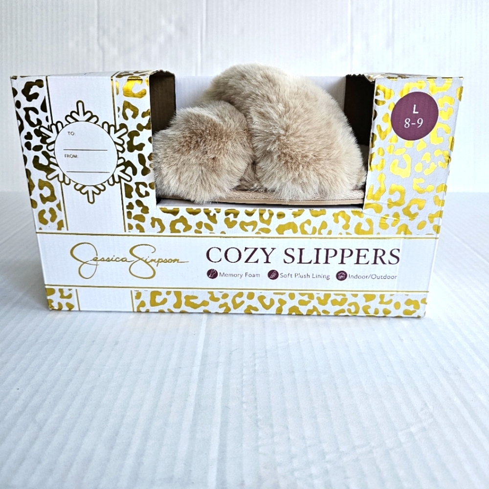 Jessica Simpson faux fur slippers size L 8-9 tan crisscross open toe NIB
